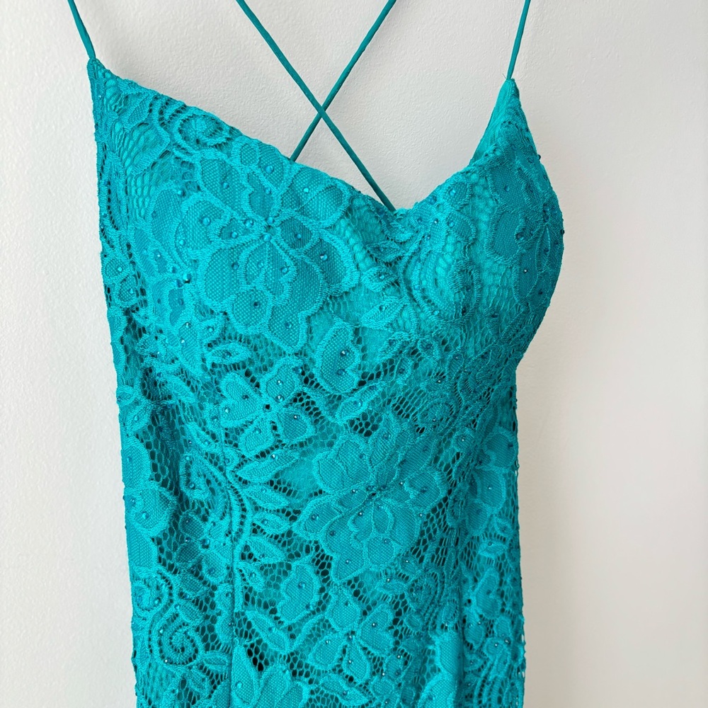 Sherri Hill Prom Dress 8 Mermaid Lace Gown 53359 Strappy Open Back Jade Green - Picture 4 of 15